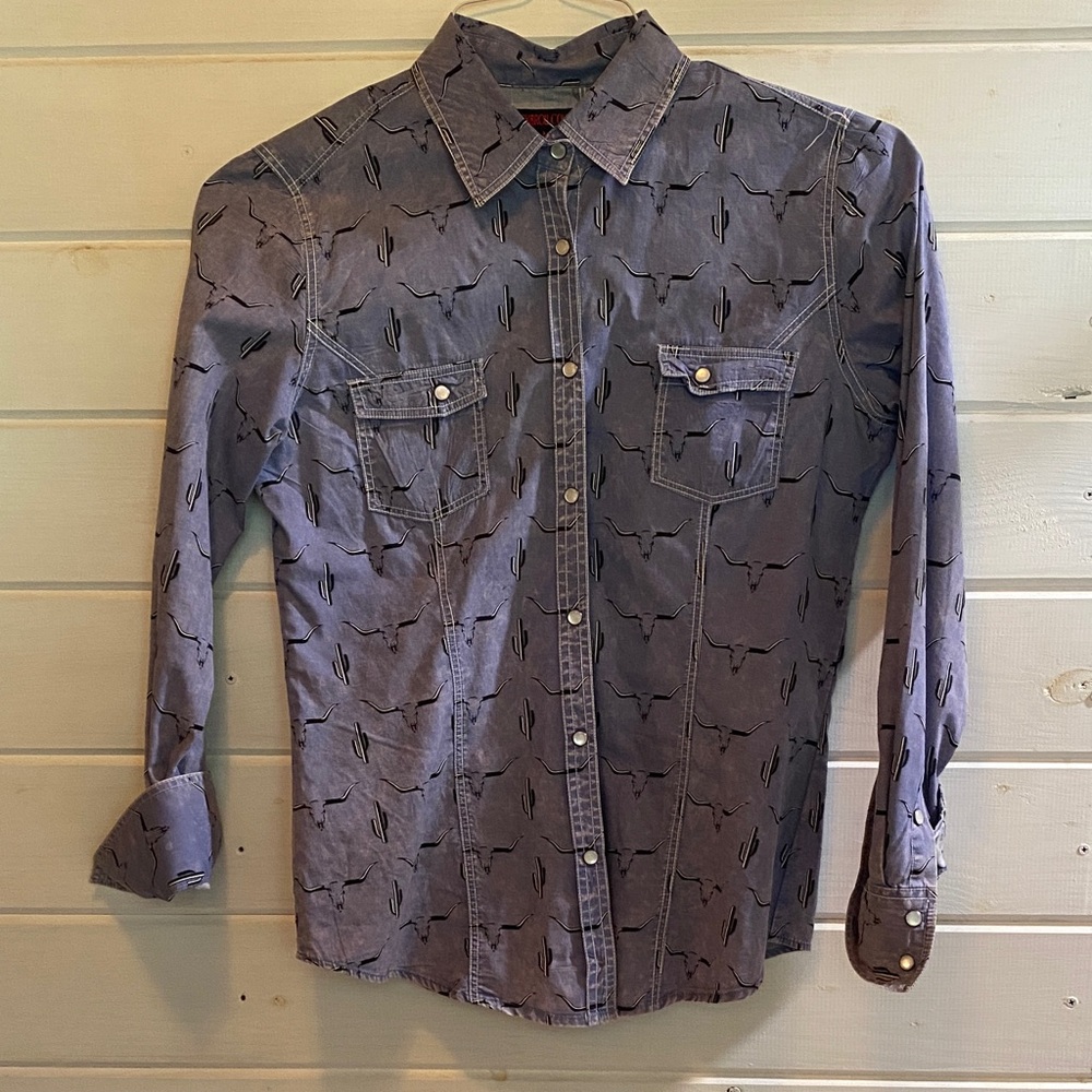 Women’s Blue Denim Shirt with Cactus Print